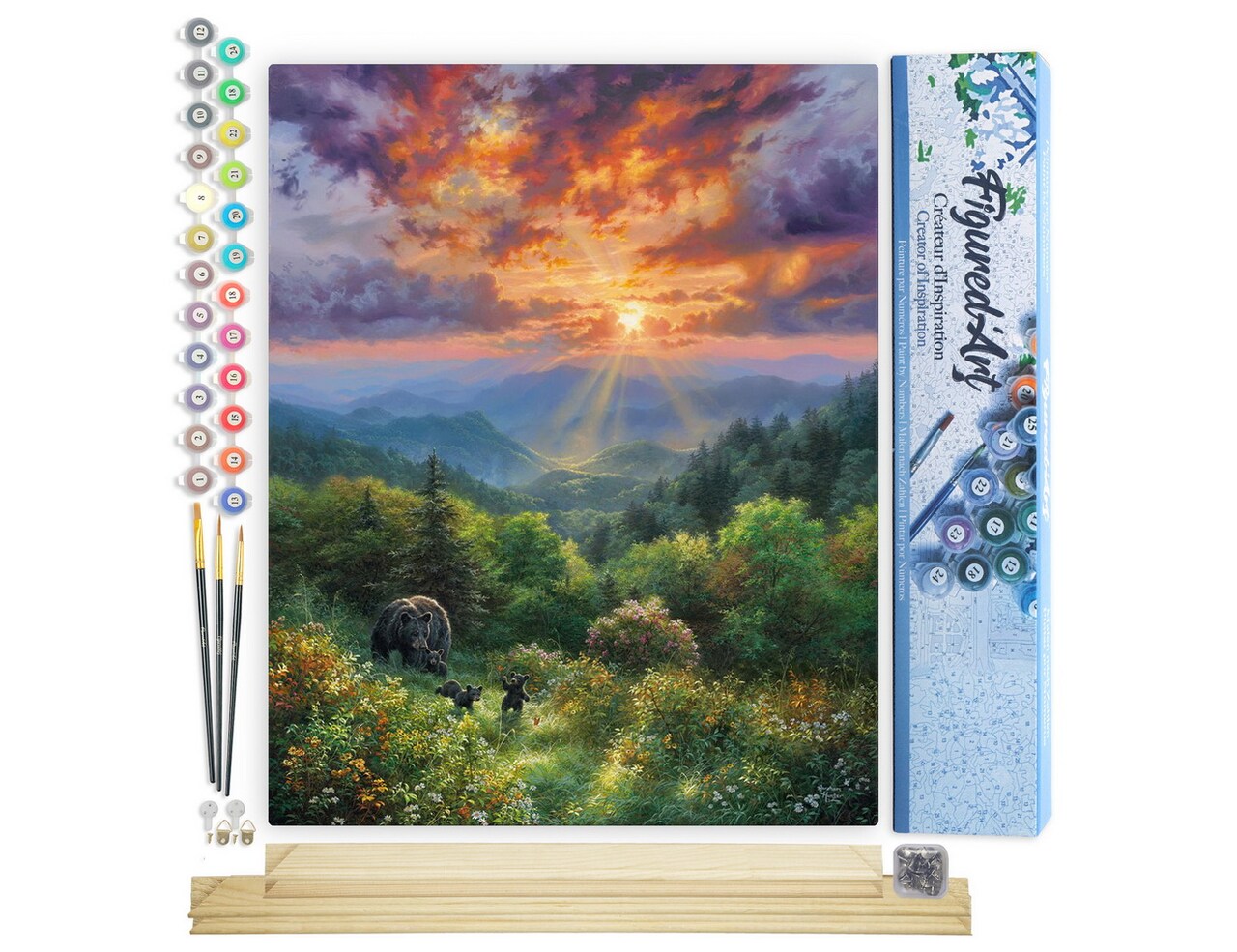 Figured'Art Paint by Numbers for Adults Bear and Sunset 16"x20" - Craft Art Painting Rolled Canvas with DIY wooden frame